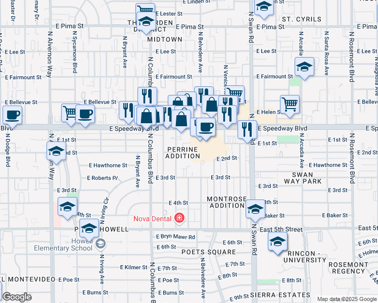 map of restaurants, bars, coffee shops, grocery stores, and more near 4414 East 2nd Street in Tucson