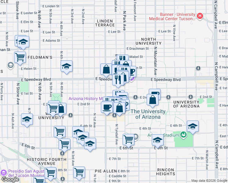 map of restaurants, bars, coffee shops, grocery stores, and more near 1023 North Tyndall Avenue in Tucson