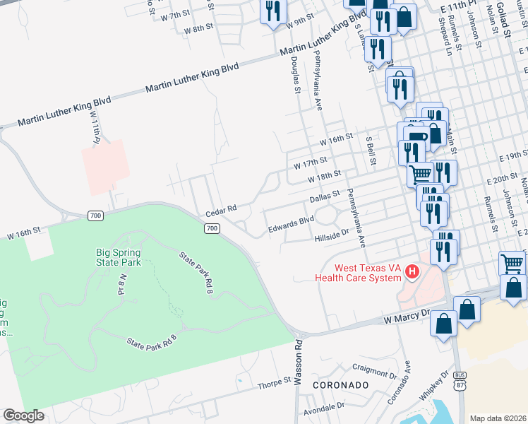 map of restaurants, bars, coffee shops, grocery stores, and more near 899 Dallas St in Big Spring