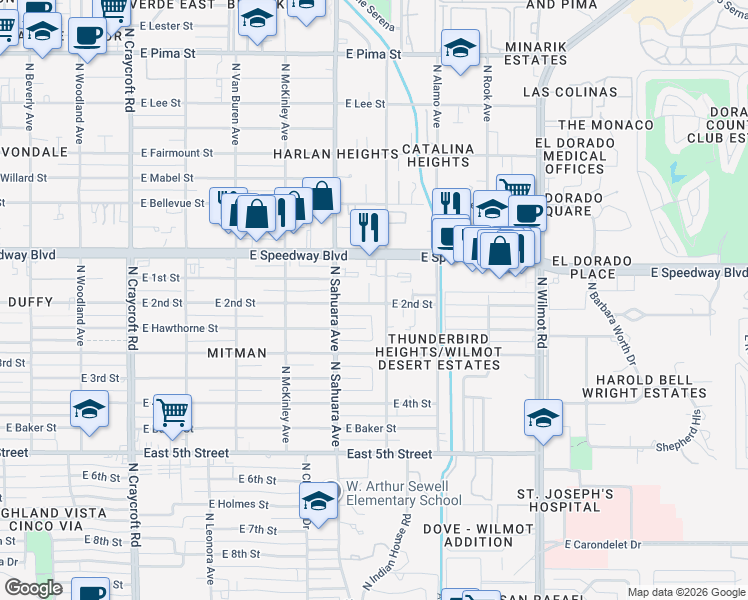map of restaurants, bars, coffee shops, grocery stores, and more near 1028 North del Valle Place in Tucson