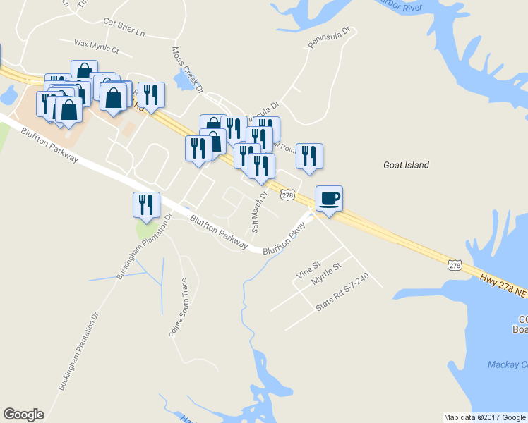 map of restaurants, bars, coffee shops, grocery stores, and more near 22 Pine Burr Drive East in Hilton Head Island