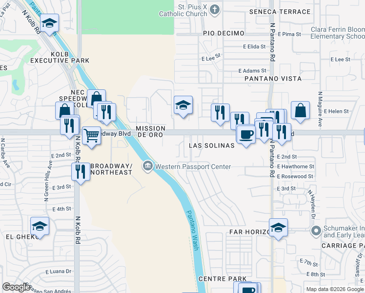 map of restaurants, bars, coffee shops, grocery stores, and more near 1057 North Cam Verano in Tucson