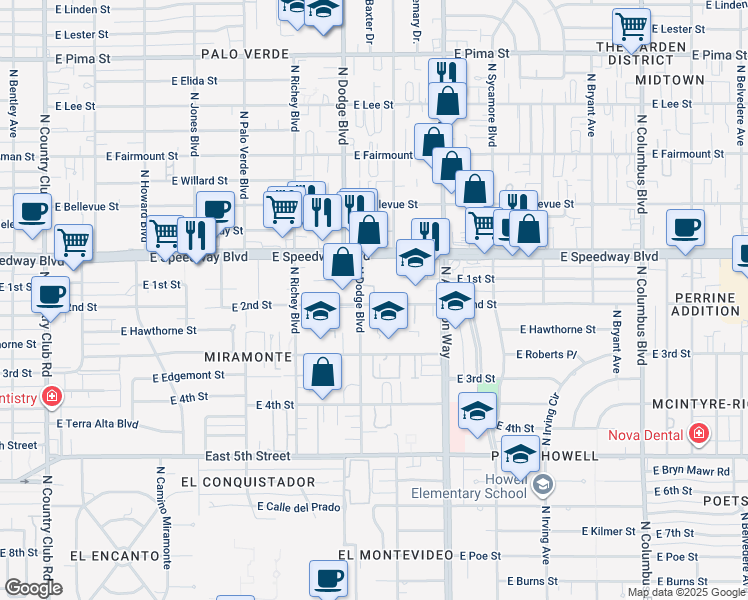 map of restaurants, bars, coffee shops, grocery stores, and more near 3709 East 2nd Street in Tucson