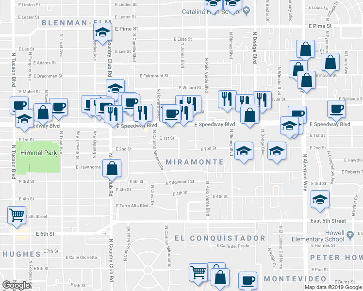 map of restaurants, bars, coffee shops, grocery stores, and more near 1010 North Jones Boulevard in Tucson