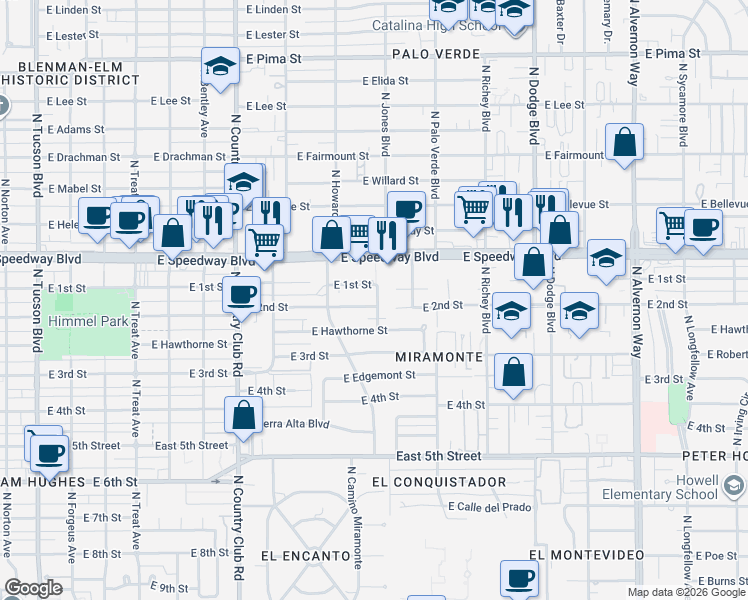 map of restaurants, bars, coffee shops, grocery stores, and more near 1034 East 1st Street in Tucson