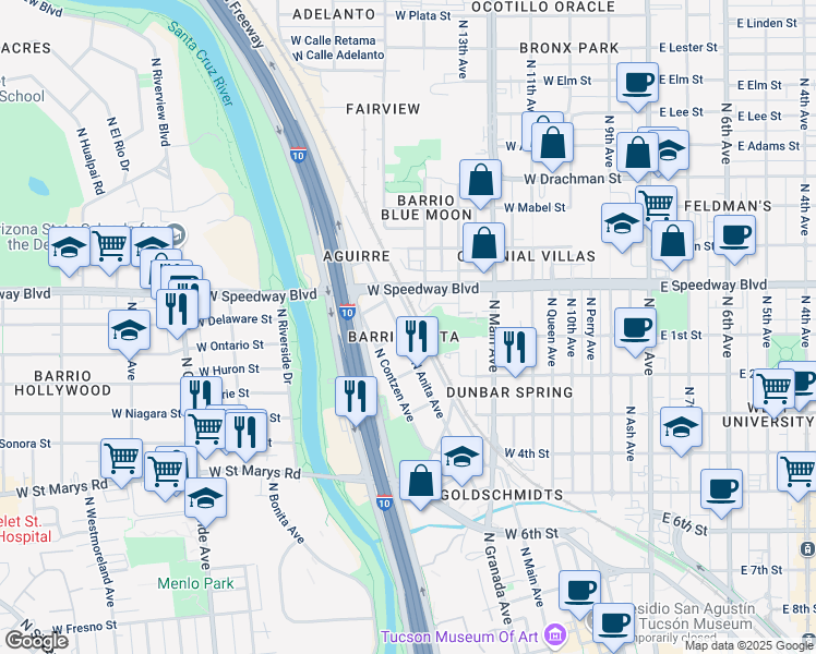map of restaurants, bars, coffee shops, grocery stores, and more near 1041 North Anita Avenue in Tucson