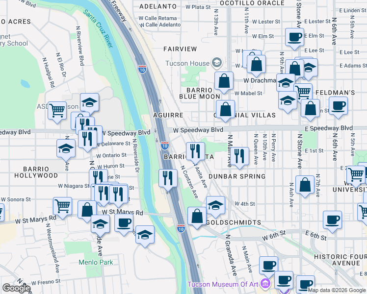 map of restaurants, bars, coffee shops, grocery stores, and more near 1041 North Anita Avenue in Tucson