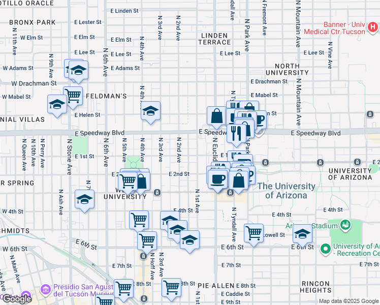 map of restaurants, bars, coffee shops, grocery stores, and more near 629 East 1st Street in Tucson