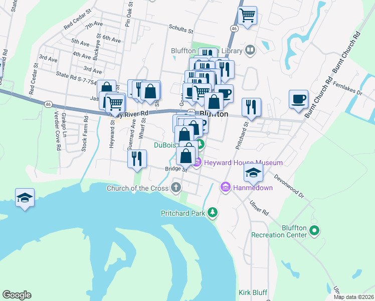 map of restaurants, bars, coffee shops, grocery stores, and more near Calhoun Street in Bluffton