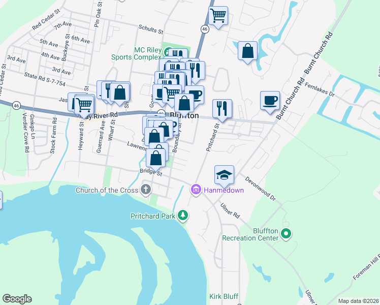 map of restaurants, bars, coffee shops, grocery stores, and more near 81 Lawton Street in Bluffton