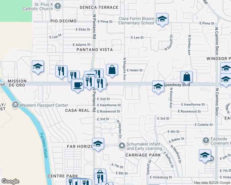 map of restaurants, bars, coffee shops, grocery stores, and more near 8080 East Speedway Boulevard in Tucson