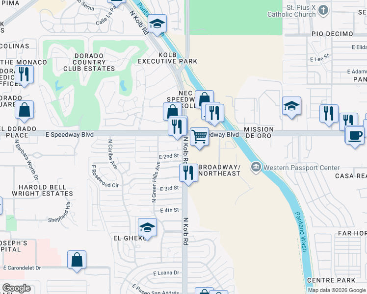 map of restaurants, bars, coffee shops, grocery stores, and more near North Kolb Road in Tucson