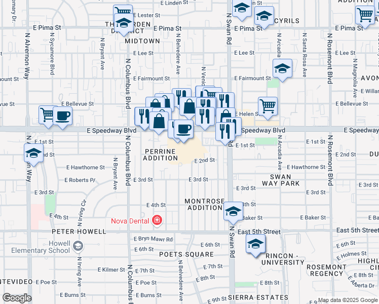 map of restaurants, bars, coffee shops, grocery stores, and more near 4500 East Speedway Boulevard in Tucson