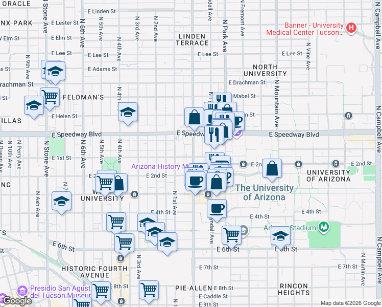 map of restaurants, bars, coffee shops, grocery stores, and more near 745 East 1st Street in Tucson