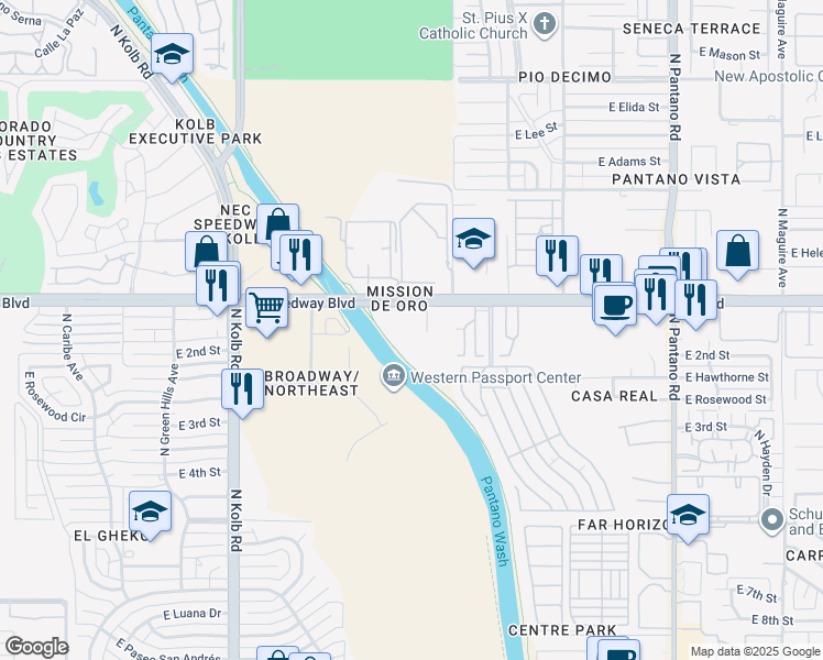 map of restaurants, bars, coffee shops, grocery stores, and more near 7424 East Speedway Boulevard in Tucson