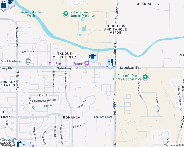 map of restaurants, bars, coffee shops, grocery stores, and more near 10125 East Achi Street in Tucson