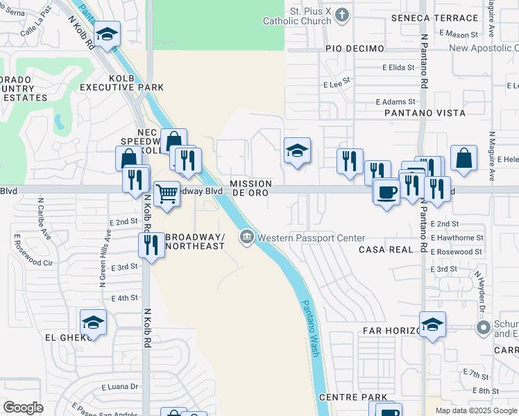 map of restaurants, bars, coffee shops, grocery stores, and more near 7424 East Speedway Boulevard in Tucson