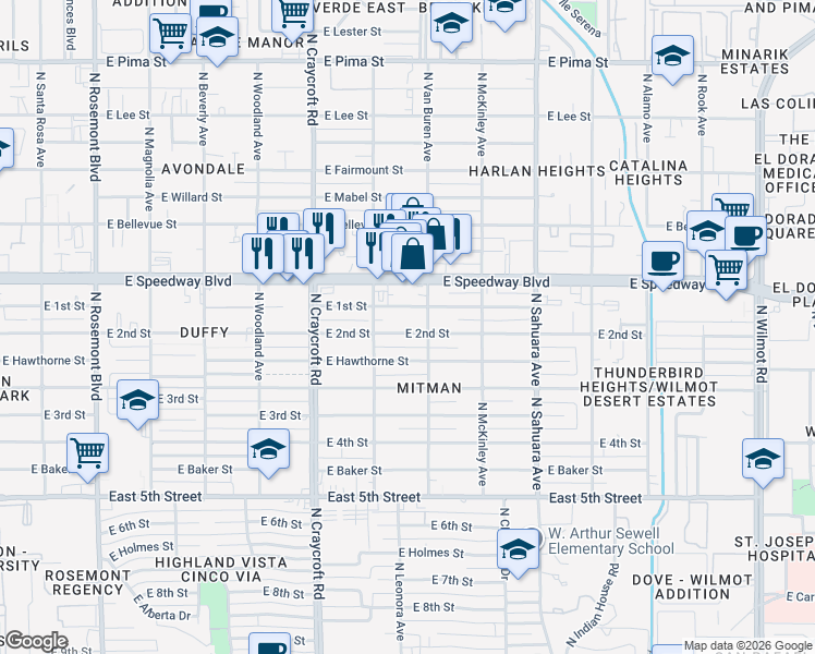 map of restaurants, bars, coffee shops, grocery stores, and more near 5614 East 1st Street in Tucson