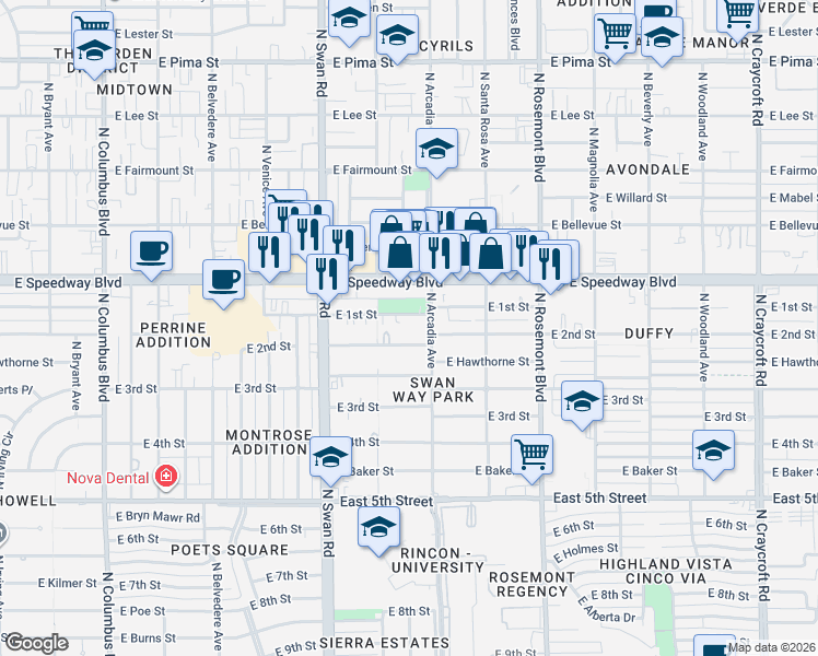 map of restaurants, bars, coffee shops, grocery stores, and more near 4860 East 1st Street in Tucson