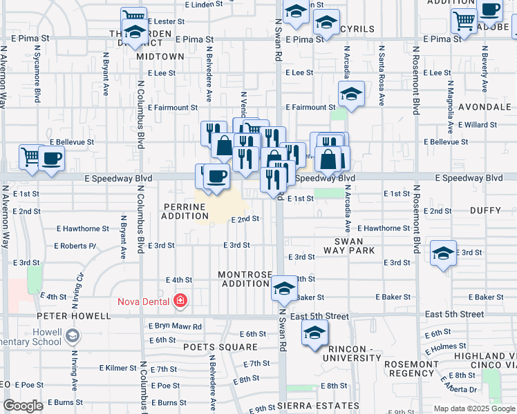 map of restaurants, bars, coffee shops, grocery stores, and more near 4645 East 1st Street in Tucson