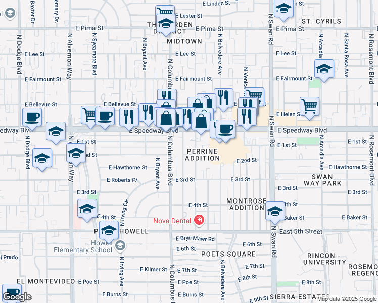 map of restaurants, bars, coffee shops, grocery stores, and more near 1025 North Catalina Avenue in Tucson