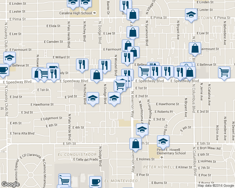 map of restaurants, bars, coffee shops, grocery stores, and more near 3811 East 2nd Street in Tucson