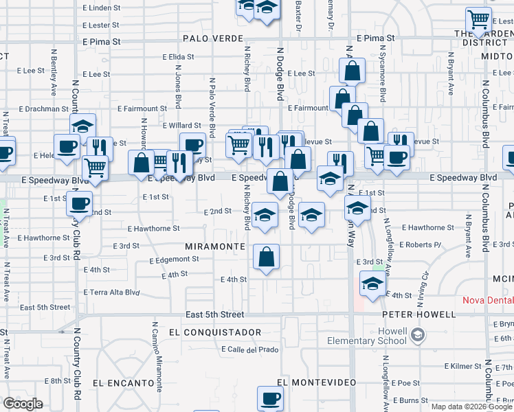map of restaurants, bars, coffee shops, grocery stores, and more near 1099-1001 North Richey Boulevard in Tucson