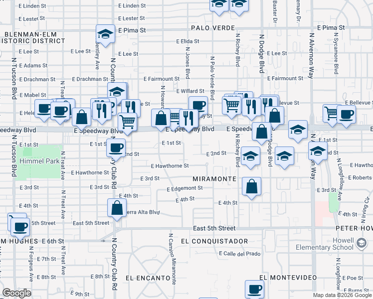 map of restaurants, bars, coffee shops, grocery stores, and more near 1034 East 1st Street in Tucson