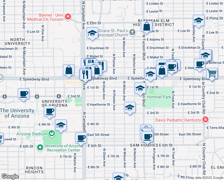 map of restaurants, bars, coffee shops, grocery stores, and more near 2134 East 1st Street in Tucson