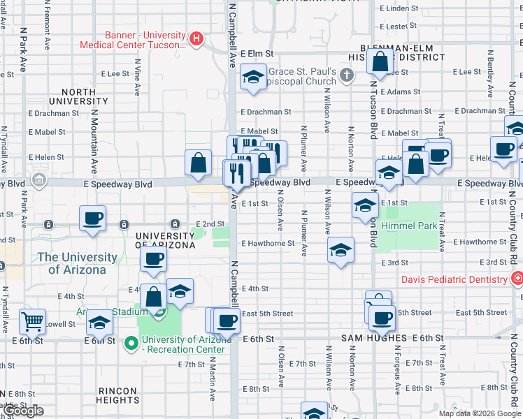 map of restaurants, bars, coffee shops, grocery stores, and more near 2039 East 1st Street in Tucson