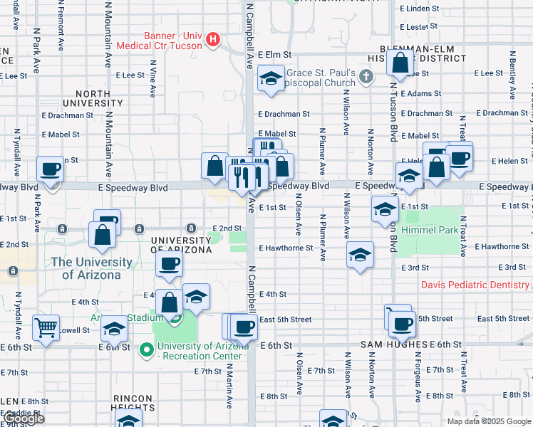 map of restaurants, bars, coffee shops, grocery stores, and more near 1921 East 1st Street in Tucson
