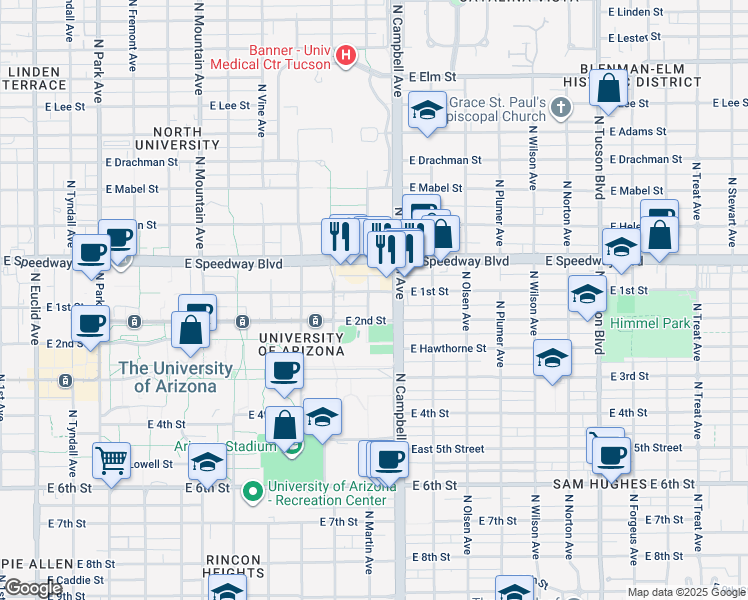 map of restaurants, bars, coffee shops, grocery stores, and more near 1005 North Campbell Avenue in Tucson