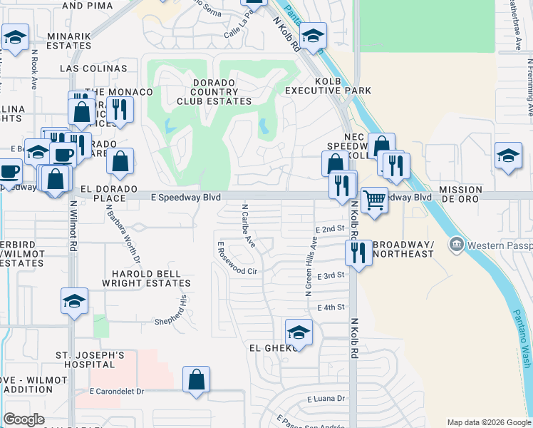 map of restaurants, bars, coffee shops, grocery stores, and more near 1090 North Caribe Avenue in Tucson
