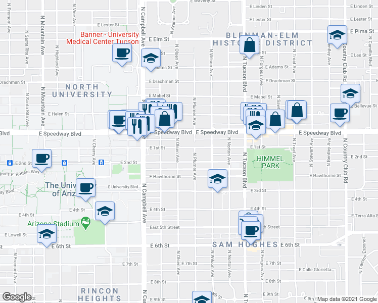 map of restaurants, bars, coffee shops, grocery stores, and more near 2134 East 1st Street in Tucson