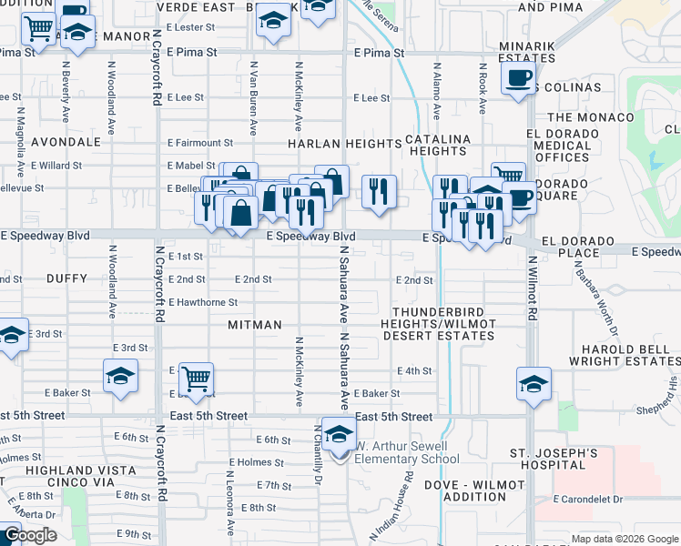 map of restaurants, bars, coffee shops, grocery stores, and more near 5901 East 2nd Street in Tucson