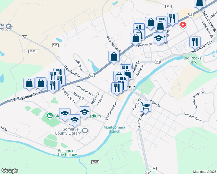 map of restaurants, bars, coffee shops, grocery stores, and more near 301 Cedar Street in Glen Rose