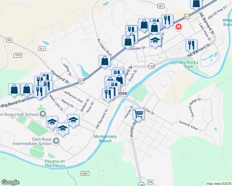 map of restaurants, bars, coffee shops, grocery stores, and more near in Glen Rose