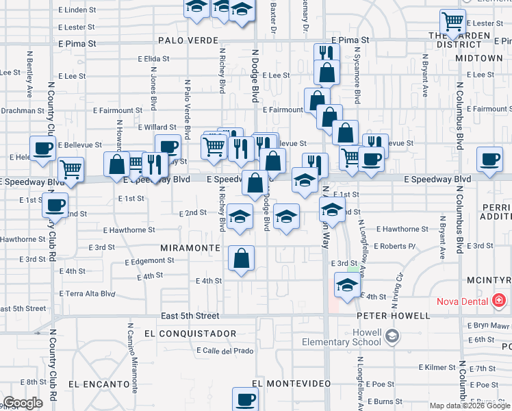 map of restaurants, bars, coffee shops, grocery stores, and more near 3653 East 2nd Street in Tucson