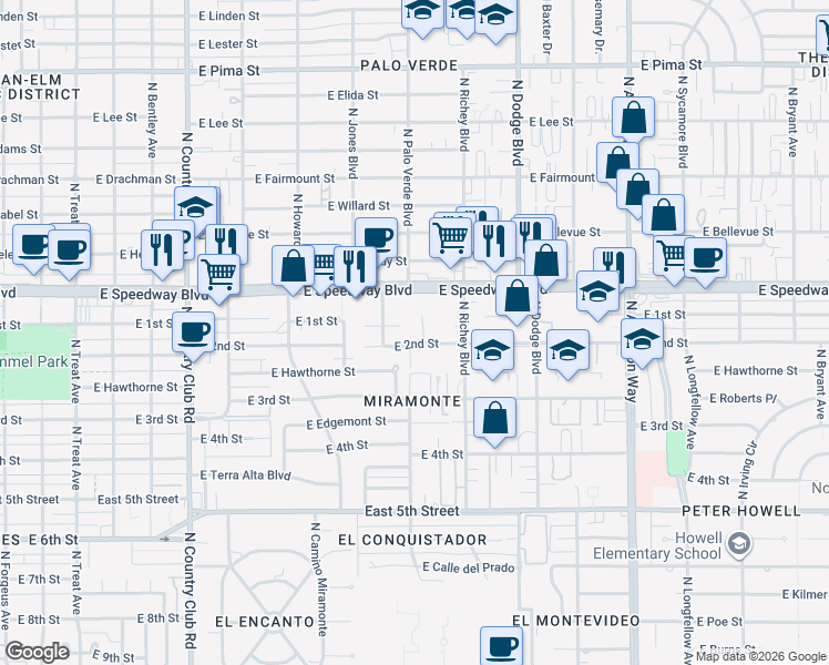map of restaurants, bars, coffee shops, grocery stores, and more near 1022 North Palo Verde Boulevard in Tucson