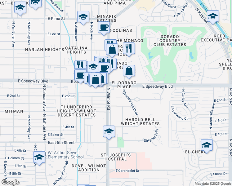 map of restaurants, bars, coffee shops, grocery stores, and more near 6302 East Speedway Boulevard in Tucson