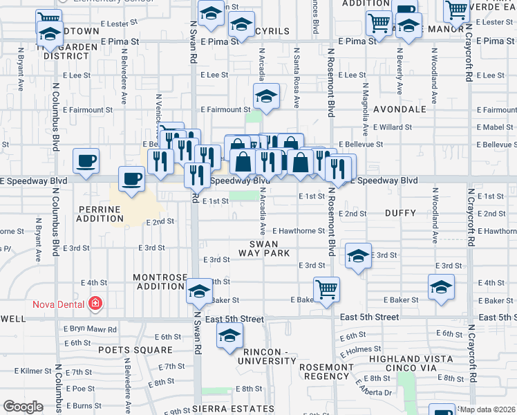 map of restaurants, bars, coffee shops, grocery stores, and more near 4860 East 1st Street in Tucson