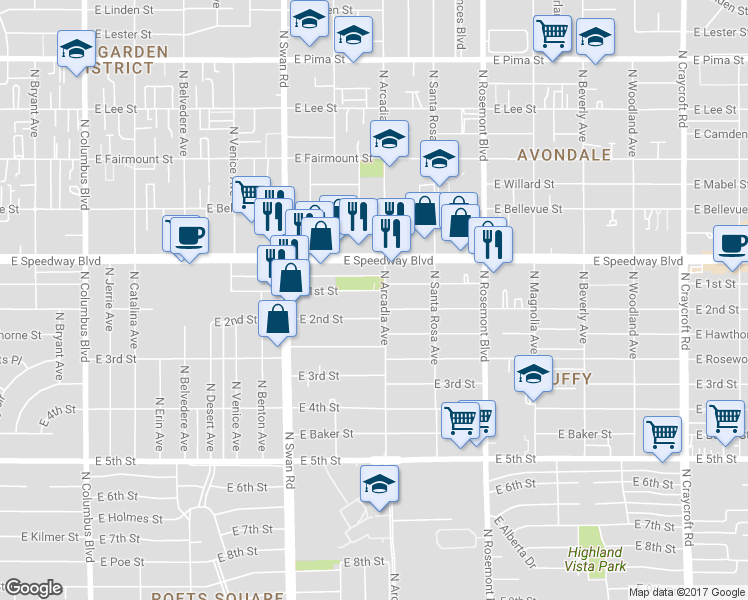 map of restaurants, bars, coffee shops, grocery stores, and more near 4860 East 1st Street in Tucson