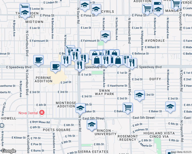 map of restaurants, bars, coffee shops, grocery stores, and more near 4860 East 1st Street in Tucson