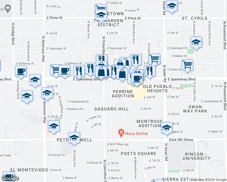 map of restaurants, bars, coffee shops, grocery stores, and more near 1025 North Catalina Avenue in Tucson