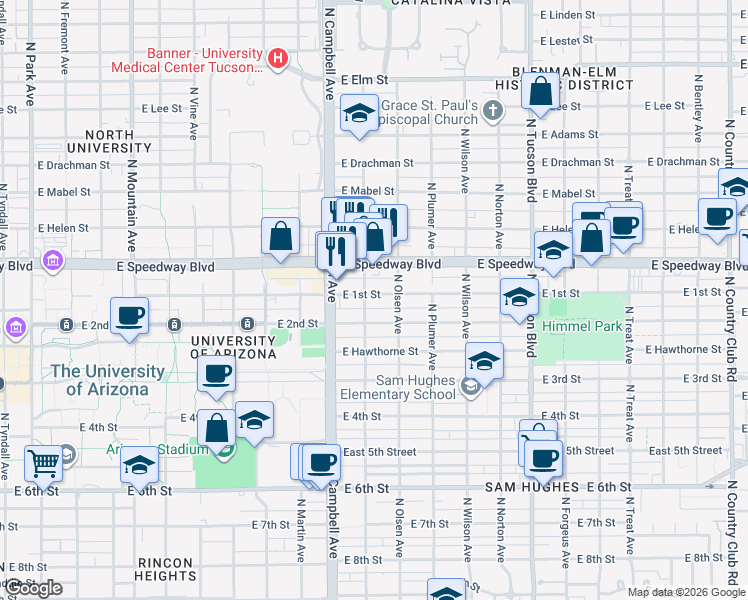map of restaurants, bars, coffee shops, grocery stores, and more near 2039 East 1st Street in Tucson