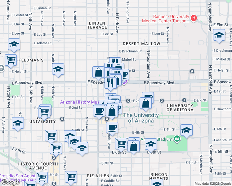 map of restaurants, bars, coffee shops, grocery stores, and more near 1038 North Park Avenue in Tucson