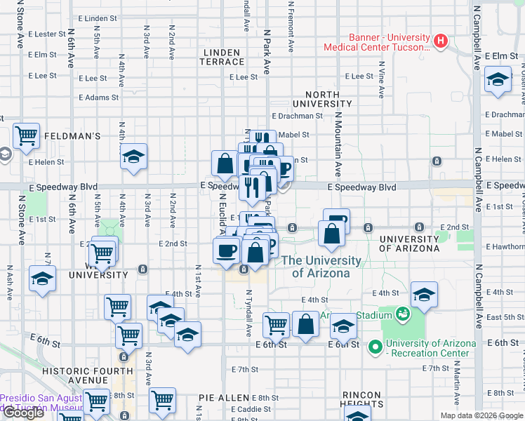 map of restaurants, bars, coffee shops, grocery stores, and more near 1038 North Park Avenue in Tucson