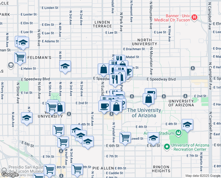map of restaurants, bars, coffee shops, grocery stores, and more near 1023 North Tyndall Avenue in Tucson
