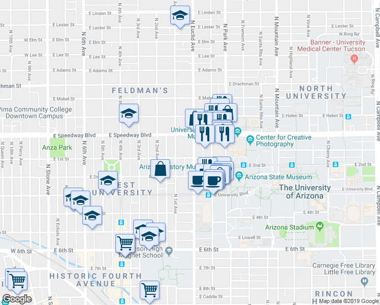map of restaurants, bars, coffee shops, grocery stores, and more near 1024 North Euclid Avenue in Tucson