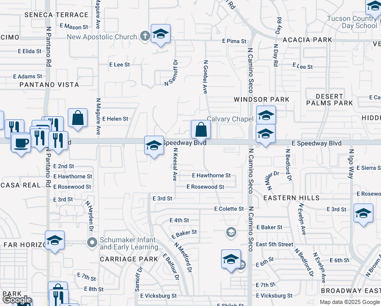 map of restaurants, bars, coffee shops, grocery stores, and more near 8468 East Speedway Boulevard in Tucson